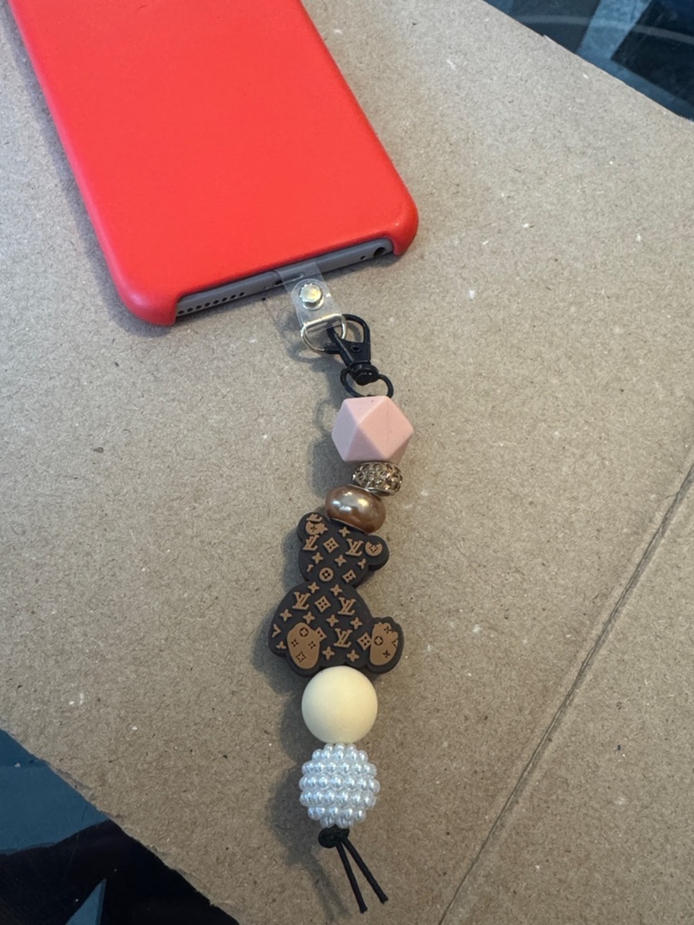 Red Phone Case with Pink & Neutral Beaded Charm - Picture 2 of 3